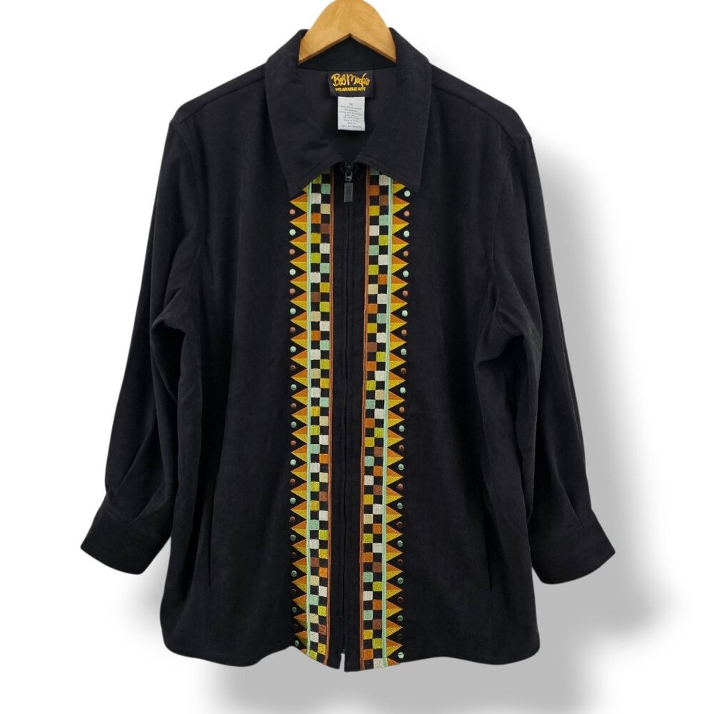 Bob Mackie Wearable Art Horse Tribal Shirt 1X Black Zip Embroidery Pockets Artsy